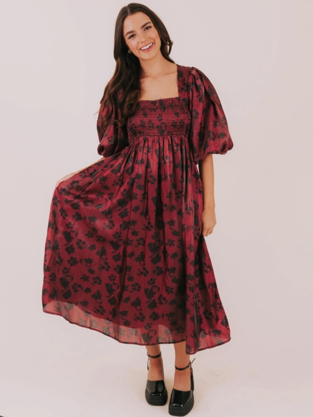 Heart of Mine Burgundy Floral Midi Dress with Puff Sleeves